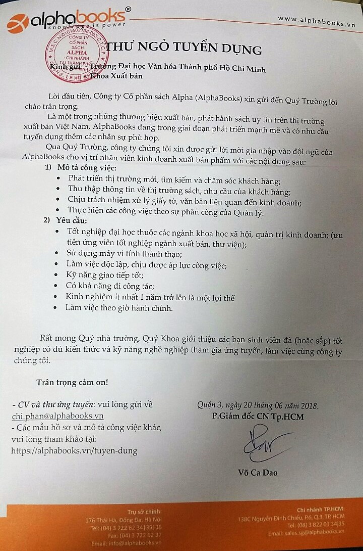 Thông tin tuyển dụng từ Alpha Books
